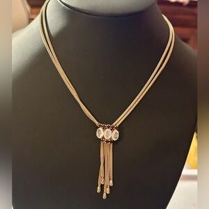 Vintage Gold Double Strand Hanging Tassle Red White Crystal Rhinestone Necklace